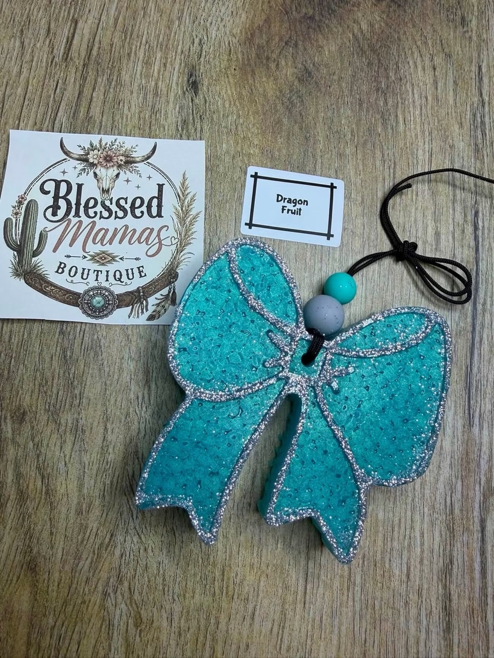 Turquoise Glitter Bow Car Freshie - Dragon Fruit